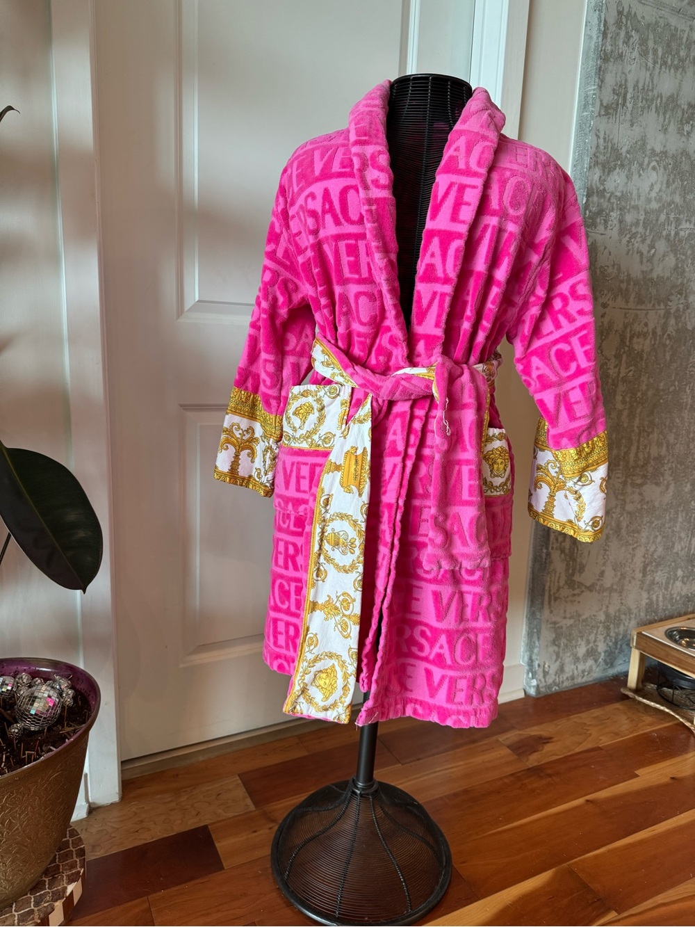 Versace Hot Pink Plush Logo Robe with Gold Baroque Accents